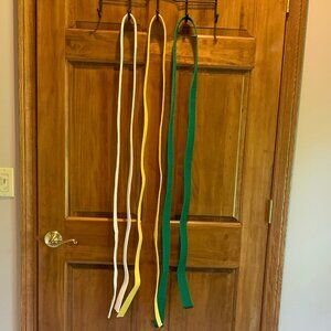 LOT OF 3 KARATE BELTS, WHITE, YELLOW, GREEN, ADULT, APPROX. 92" LONG